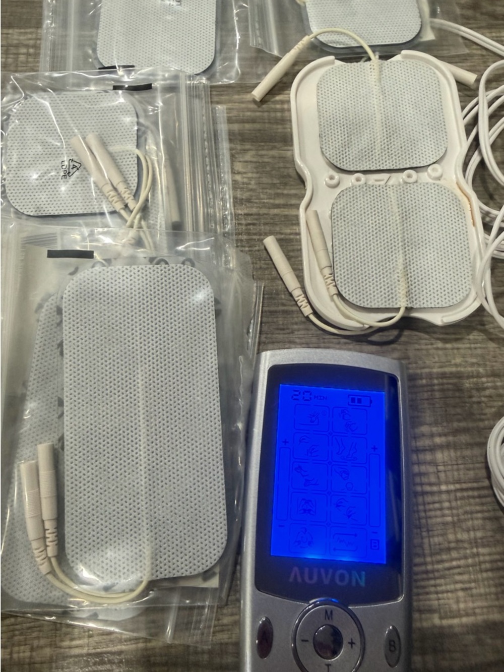 Auvon TENS Unit with Replacement Electrode Pads - Silver & White